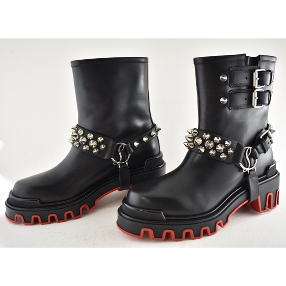 Christian Louboutin Dune Bike Spike Black Leather Platform Moto Ankle Boots 39 - Picture 16 of 16